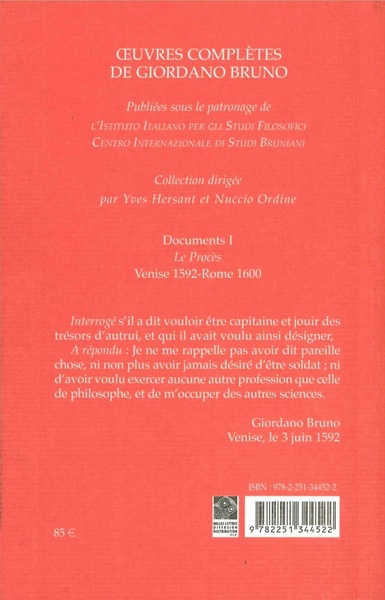 Le Procès de Giordano Bruno, Giordano Bruno. Œuvres complètes. Documents et essais. Tome I (9782251344522-back-cover)