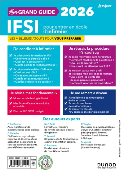 Mon grand guide IFSI 2026 pour entrer en école d'infirmier, Réussir La procédure Parcoursup + Fondamentaux + Remise à niveau (9782100881161-back-cover)