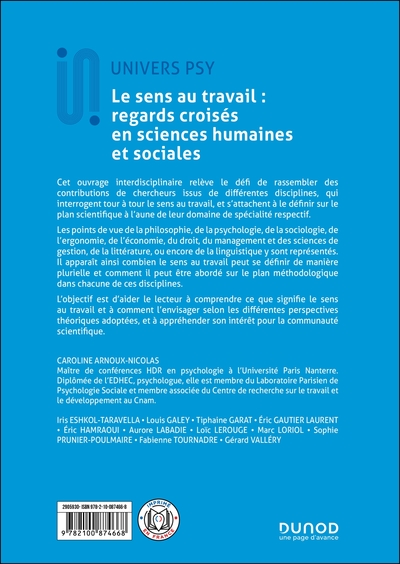 Le sens au travail : regards croisés en sciences humaines et sociales (9782100874668-back-cover)