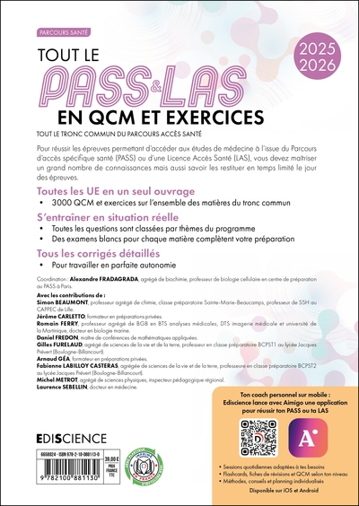 Tout le PASS & LAS en QCM et exercices 2025-2026, Tout le tronc commun du parcours Acces Santé (9782100881130-back-cover)