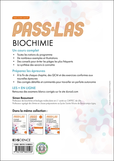 PASS & LAS Biochimie - 2e éd., Manuel : cours + entraînements corrigés (9782100880508-back-cover)
