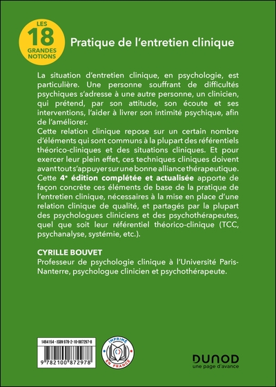 Les 18 grandes notions de la pratique de l'entretien clinique - 4e éd. (9782100872978-back-cover)