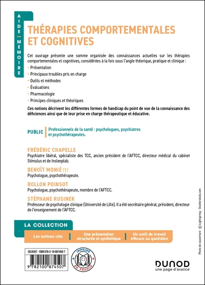 Aide-mémoire - Thérapies comportementales et cognitives -  4e éd., en 38 notions (9782100874507-back-cover)
