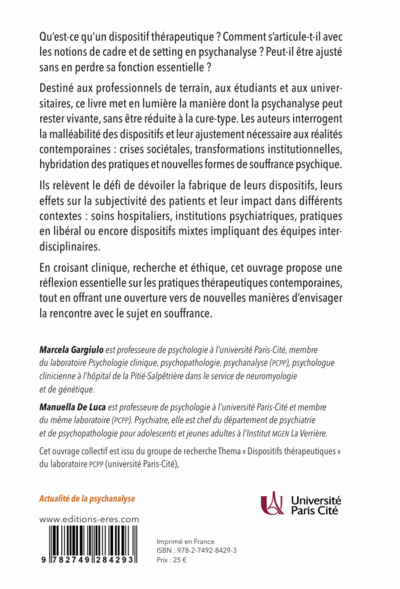 Dispositifs thérapeutiques hors divan, Clinique, recherche, éthique, évaluation (9782749284293-back-cover)