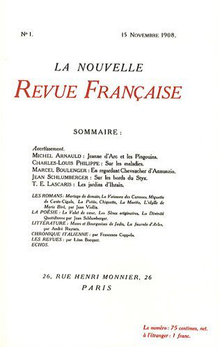 Fac-similés des deux numéros 1 de "La Nouvelle Revue Française", (15 novembre 1908 - 1ᵉʳ février 1909) (9782070125340-front-cover)