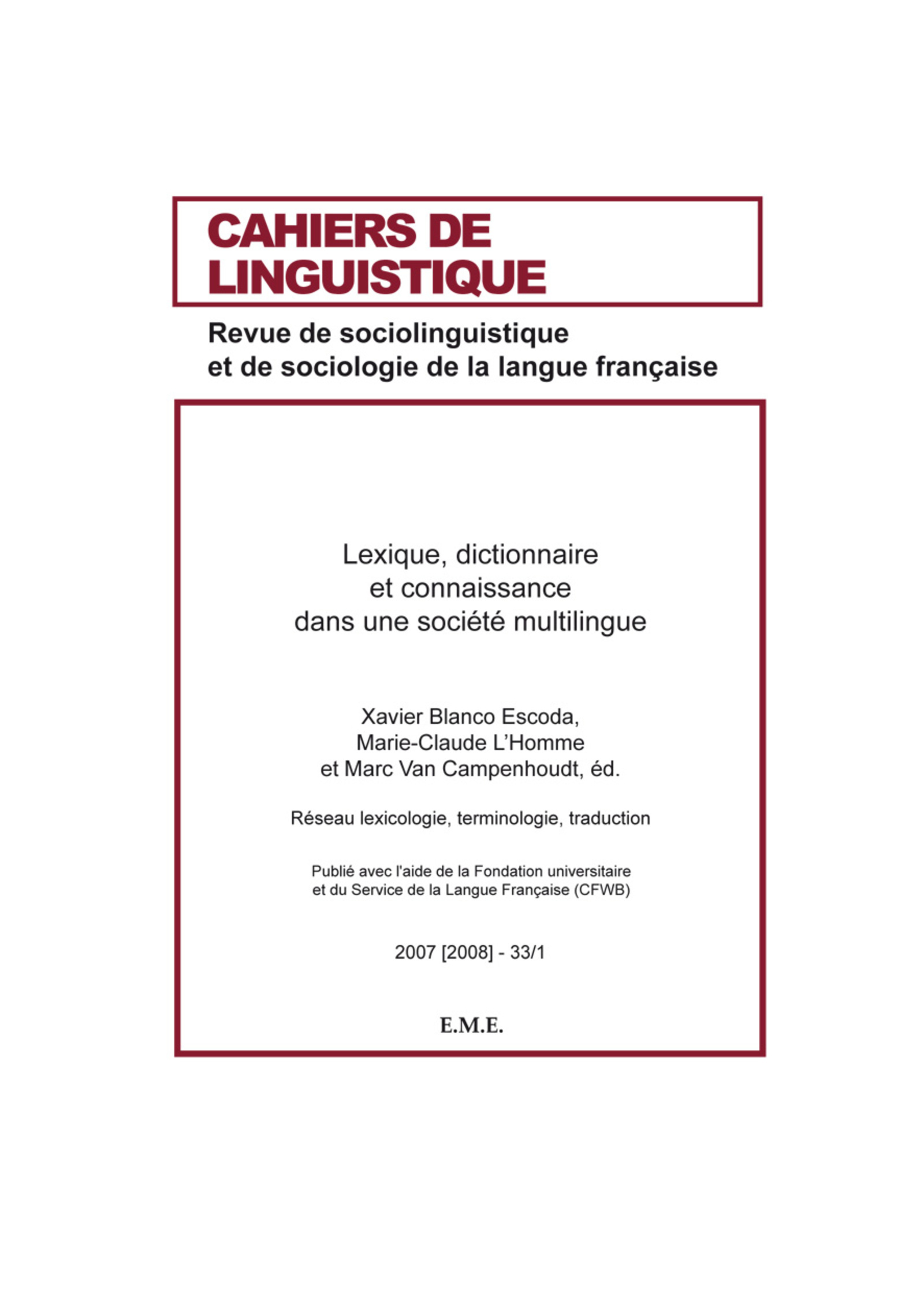 Cahiers de linguistique, Lexique, dictionnaire et connaissance dans une société multilingue (9782930481524-front-cover)