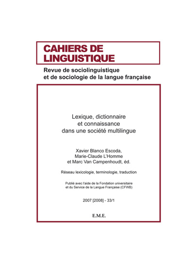 Cahiers de linguistique, Lexique, dictionnaire et connaissance dans une société multilingue (9782930481524-front-cover)