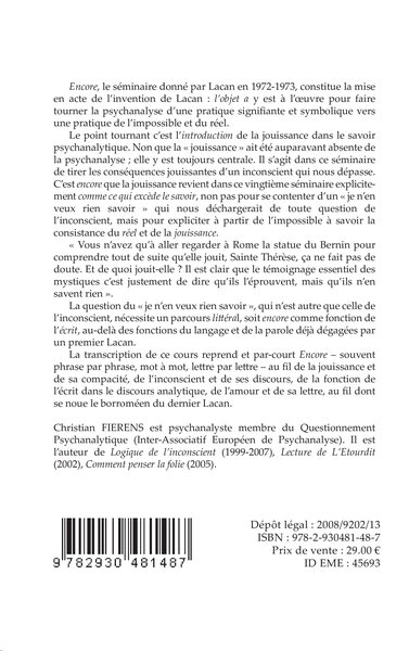 Lecture de Encore, Cours de 2005 sur le Livre XX du Séminaire de Lacan (9782930481487-back-cover)