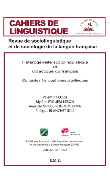 Cahiers de linguistique, Hétérogénéité sociolinguistique et didactique du français, Contextes francophones plurilingues (9782930481791-front-cover)