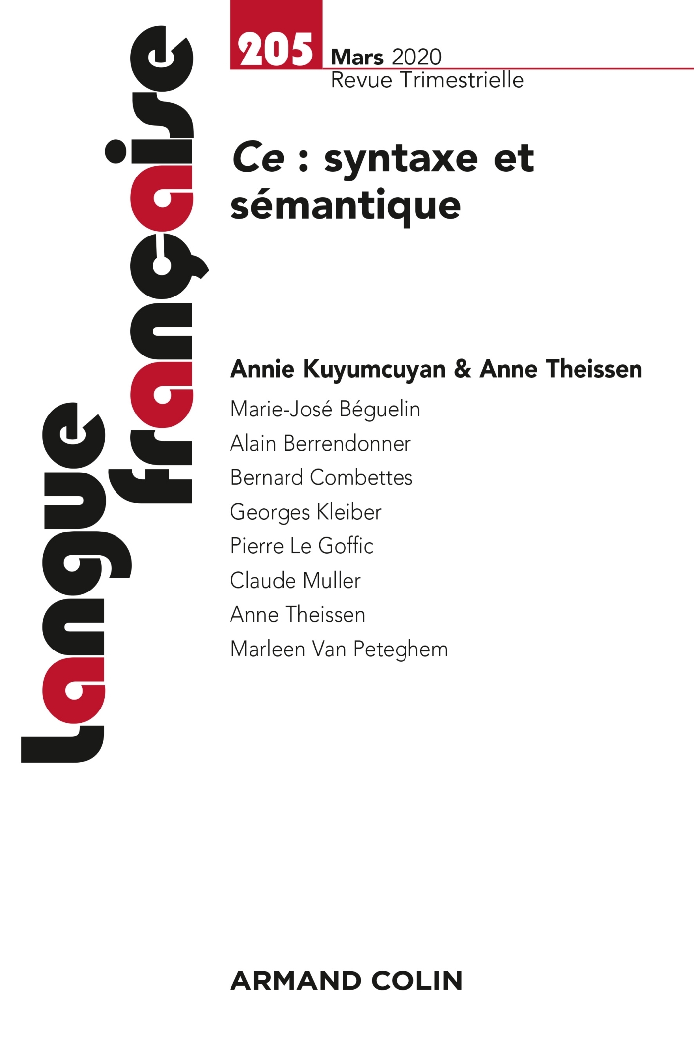 Langue française Nº205 1/2020 Ce : syntaxe et sémantique, Ce : syntaxe et sémantique (9782200932855-front-cover)