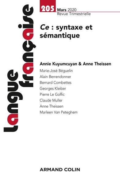 Langue française Nº205 1/2020 Ce : syntaxe et sémantique, Ce : syntaxe et sémantique (9782200932855-front-cover)