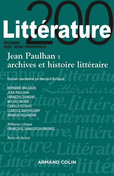 Littérature Nº200 4/2020 Jean Paulhan : archives et histoire littéraire, Jean Paulhan : archives et histoire littéraire (9782200933098-front-cover)