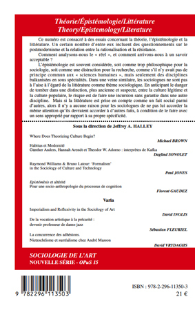 Sociologie de l'Art, Théorie/Epistémologie/Littérature, Theory/Epistemology/Literature (9782296113503-back-cover)