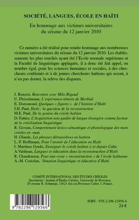 Etudes Créoles, Société, langues, école en Haïti, En hommage aux victimes universitaires du séisme du 12 janvier 2010 (9782296129566-back-cover)