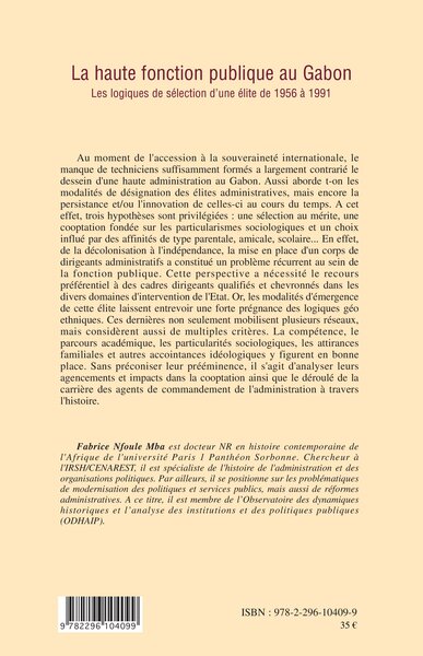 La haute fonction publique au Gabon, Les logiques de sélection d'une élite de 1956 à 1991 (9782296104099-back-cover)