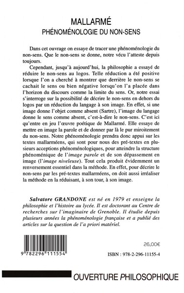 MALLARME PHENOMENOLOGIE DU NON SENS (9782296111554-back-cover)