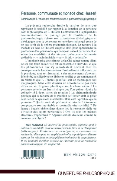 Personne, communauté et monade chez Husserl, Contributions à l'étude des fondements de la phénoménologie politique (9782296123670-back-cover)