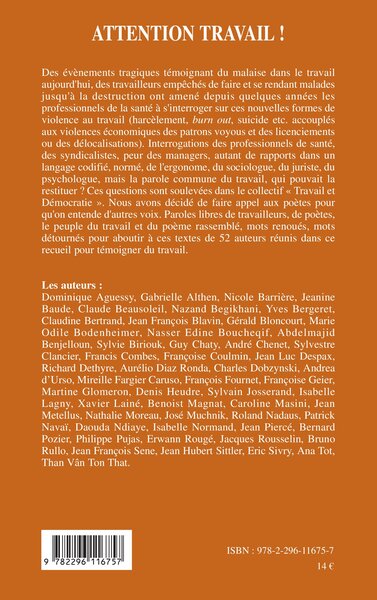 Attention travail !, Recueil de poèmes contemporains sur le travail (9782296116757-back-cover)