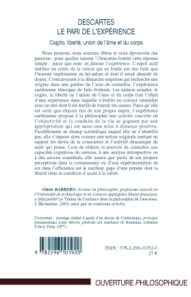 Descartes. Le pari de l'expérience, Cogito, liberté, union de l'âme et du corps (9782296101920-back-cover)