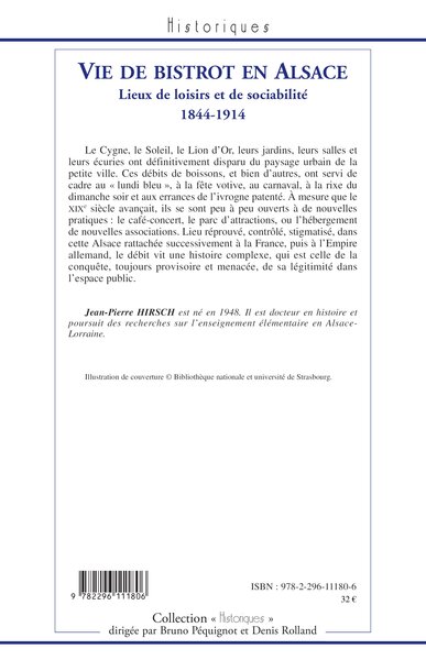 Vie de bistrot en Alsace, Lieux de loisirs et de sociabilité 1844-1914 (9782296111806-back-cover)