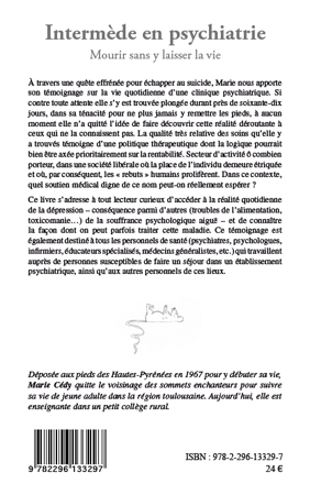 Intermède en psychiatrie, Mourir sans y laisser la vie (9782296133297-back-cover)