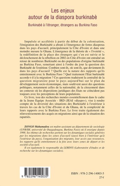 Les enjeux autour de la diaspora burkinabè, Burkinabè à l'étranger, étrangers au Burkina Faso (9782296140035-back-cover)