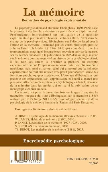 La mémoire, Recherches de psychologie expérimentale (9782296131750-back-cover)