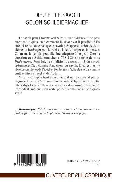 Dieu et le savoir selon Schleiermacher (9782296112612-back-cover)