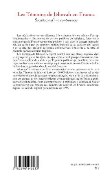 Les Témoins de Jéhovah en France, Sociologie d'une controverse (9782296140233-back-cover)