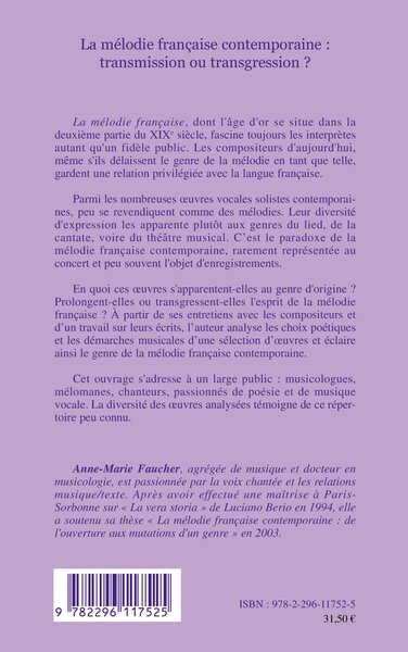 La mélodie française contemporaine : transmission ou transgression ? (9782296117525-back-cover)