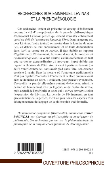 Recherches sur Emmanuel Lévinas et la phénoménologie, Philosophie de l'évènement (9782296108226-back-cover)