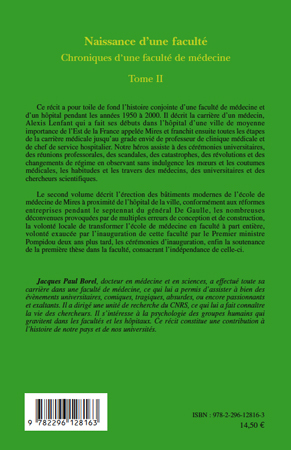 Naissance d'une faculté, Chroniques d'une faculté de médecine - Tome II (9782296128163-back-cover)