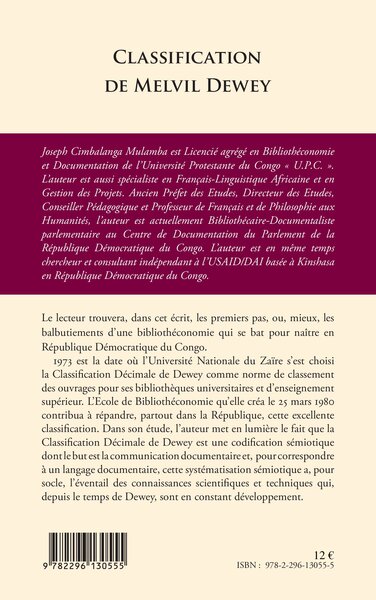 Classification de Melvil Dewey, Modèle pour une bibliothéconomie des années 1980 en République Démocratique du Congo (9782296130555-back-cover)