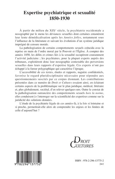 Droit et Cultures, Expertise psychiatrique et sexualité 1850-1930 (9782296137752-back-cover)