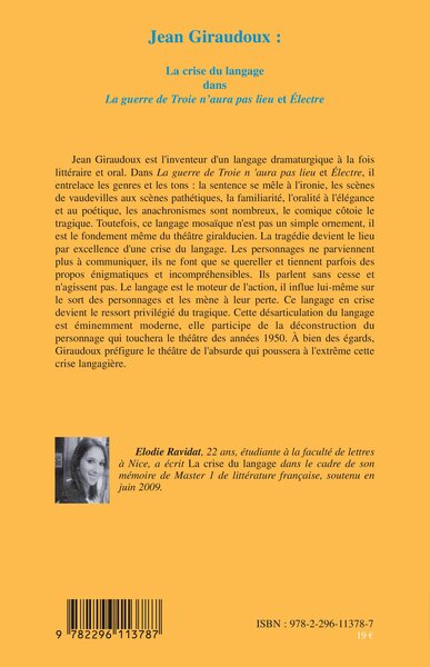 Jean Giraudoux :, La crise du langage dans "La guerre de Troie n'aura pas lieu" et "Electre" (9782296113787-back-cover)