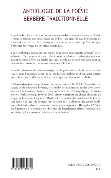 Anthologie de la poésie berbère traditionnelle (9782296130739-back-cover)