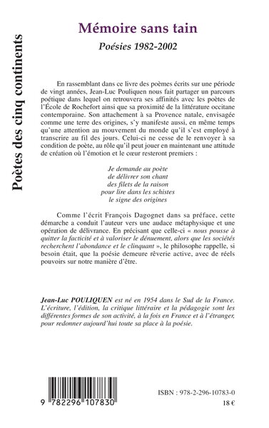 Mémoire sans tain, Poésies 1982-2002 (9782296107830-back-cover)