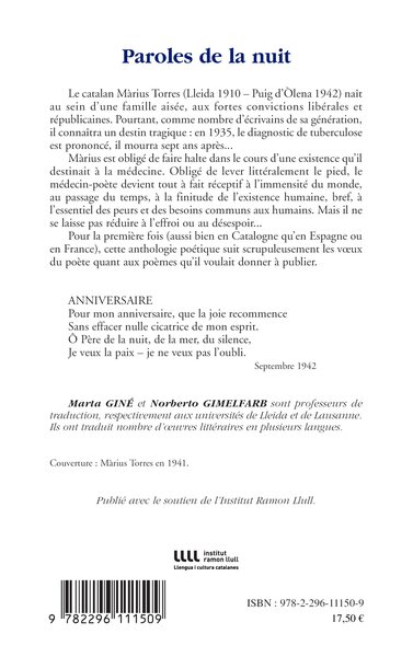 Paroles de la nuit, Anthologie poétique bilingue catalan/français (9782296111509-back-cover)