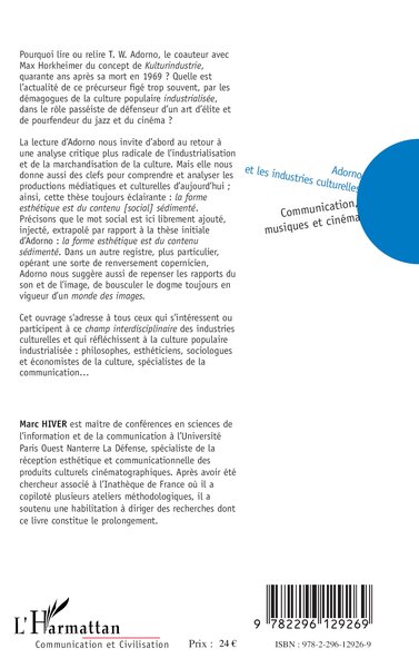 Adorno et les industries culturelles, Communication, musiques et cinéma (9782296129269-back-cover)