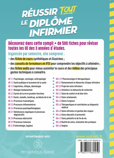 Réussir tout le Diplôme infirmier en 500 fiches de révision - IFSI, Semestres 1 à 6 - 26 unités d'enseignement - Conseils de for (9782311662450-back-cover)