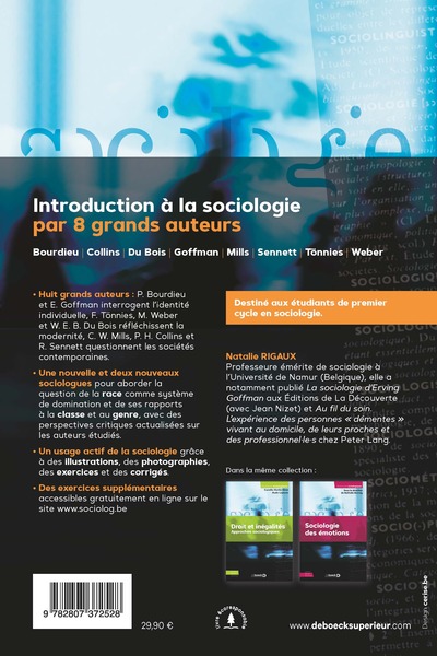 Introduction à la sociologie par 8 grands auteurs, Bourdieu - Collins - Du Bois - Goffman - Mills - Sennett - Tönnies - Weber -  (9782807372528-back-cover)