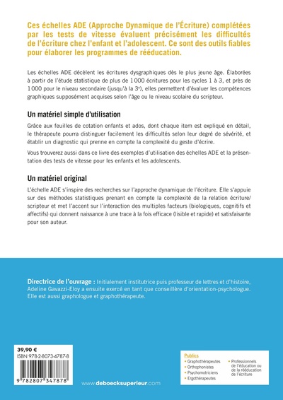 Évaluer les difficultés d’écriture chez l’enfant et l'adolescent, Échelle ADE (9782807347878-back-cover)