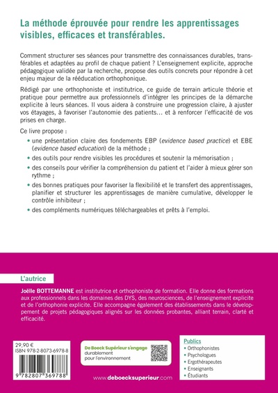Troubles des apprentissages en orthophonie, La méthode explicite au service de la pratique thérapeutique (9782807369788-back-cover)