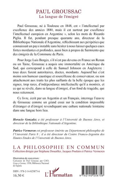 Paul Groussac, La langue de l'émigré (9782140258756-back-cover)