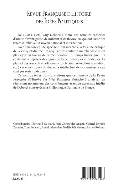 Revue française d'histoire des idées politiques, Guy Debord et la politique (9782140278143-back-cover)