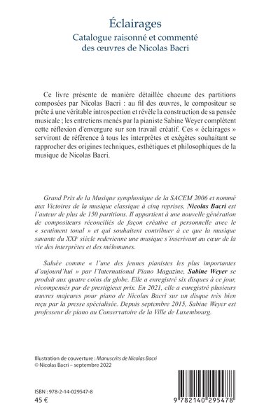 Éclairages, Catalogue raisonné et commenté des oeuvres de Nicolas Bacri (9782140295478-back-cover)