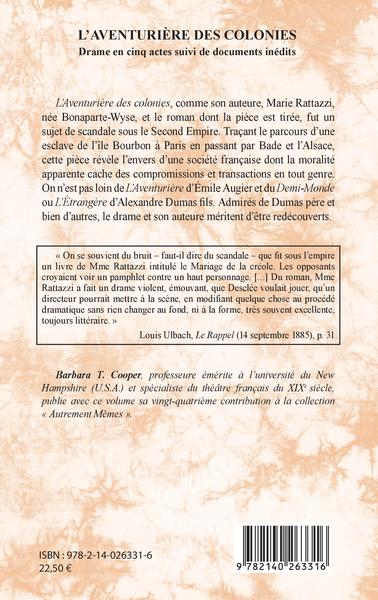 L'aventurière des colonies, Drame en cinq actes suivi de documents inédits (9782140263316-back-cover)