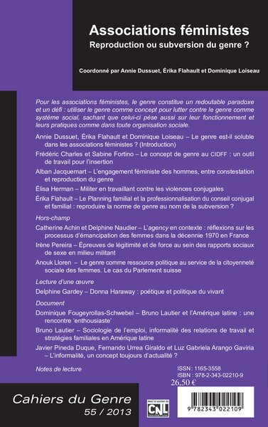 Cahiers du Genre, Associations féministes, Reproduction ou subversion du genre ? (9782343022109-back-cover)