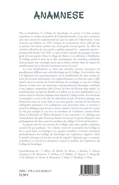 ANAMNESE, Le collège de sociologie (9782343023649-back-cover)
