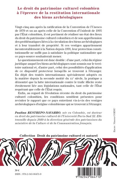 Le droit du patrimoine culturel colombien à l'épreuve de la restitution internationale des biens archéologiques (9782343064710-back-cover)